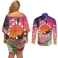 Kia Orana Cook Islands Couples Matching Off Shoulder Short Dress and Long Sleeve Button Shirt Sunset Dream LT7 - Polynesian Pride