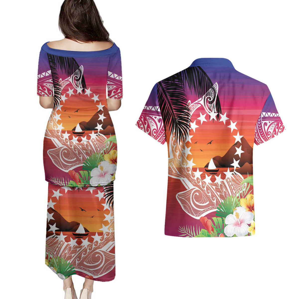 Kia Orana Cook Islands Couples Matching Puletasi and Hawaiian Shirt Sunset Dream LT7 - Polynesian Pride