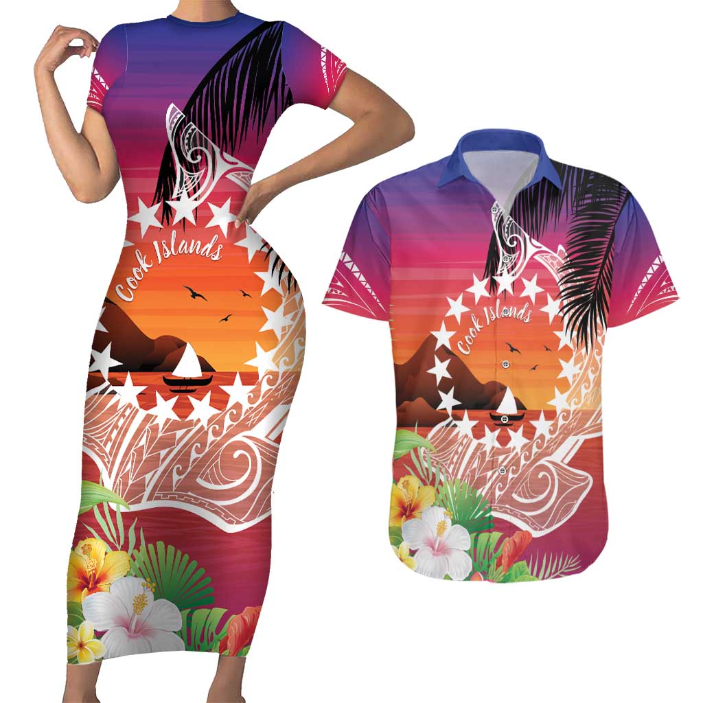 Kia Orana Cook Islands Couples Matching Short Sleeve Bodycon Dress and Hawaiian Shirt Sunset Dream LT7 Art - Polynesian Pride