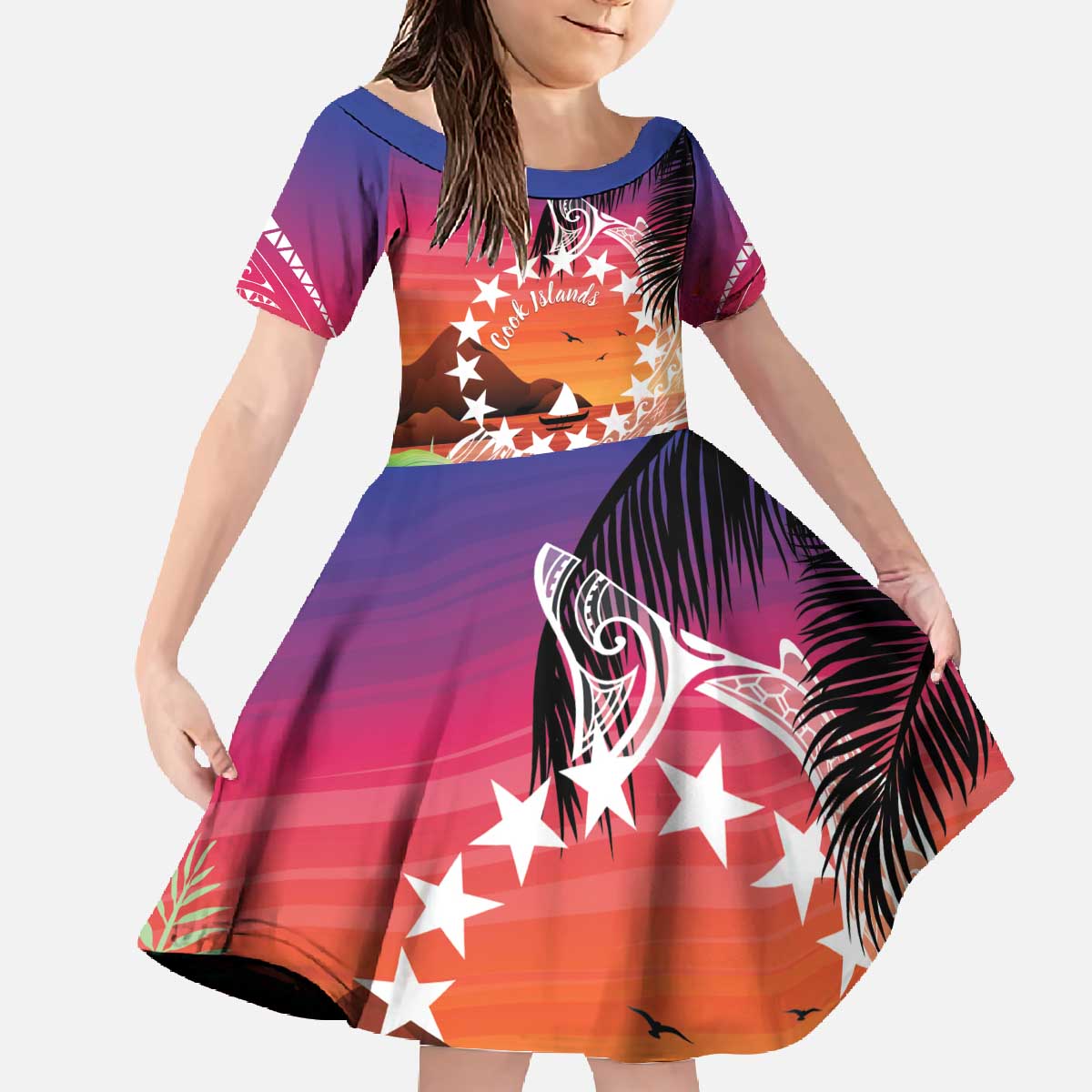 Kia Orana Cook Islands Family Matching Off The Shoulder Long Sleeve Dress and Hawaiian Shirt Sunset Dream