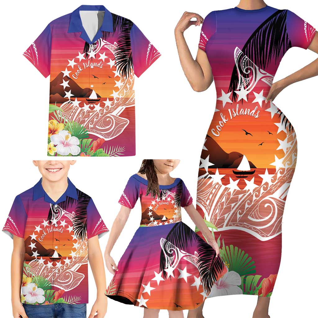 Kia Orana Cook Islands Family Matching Short Sleeve Bodycon Dress and Hawaiian Shirt Sunset Dream