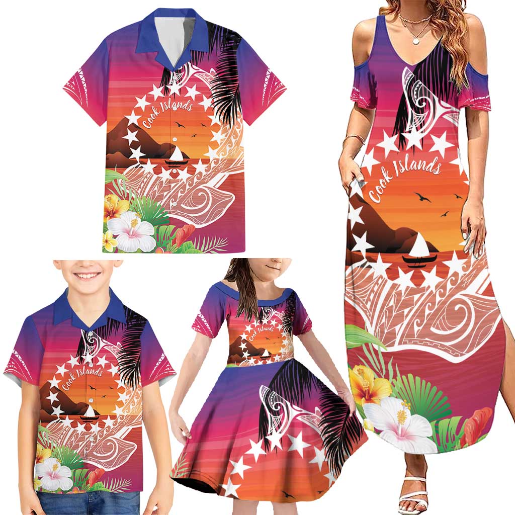 Kia Orana Cook Islands Family Matching Summer Maxi Dress and Hawaiian Shirt Sunset Dream