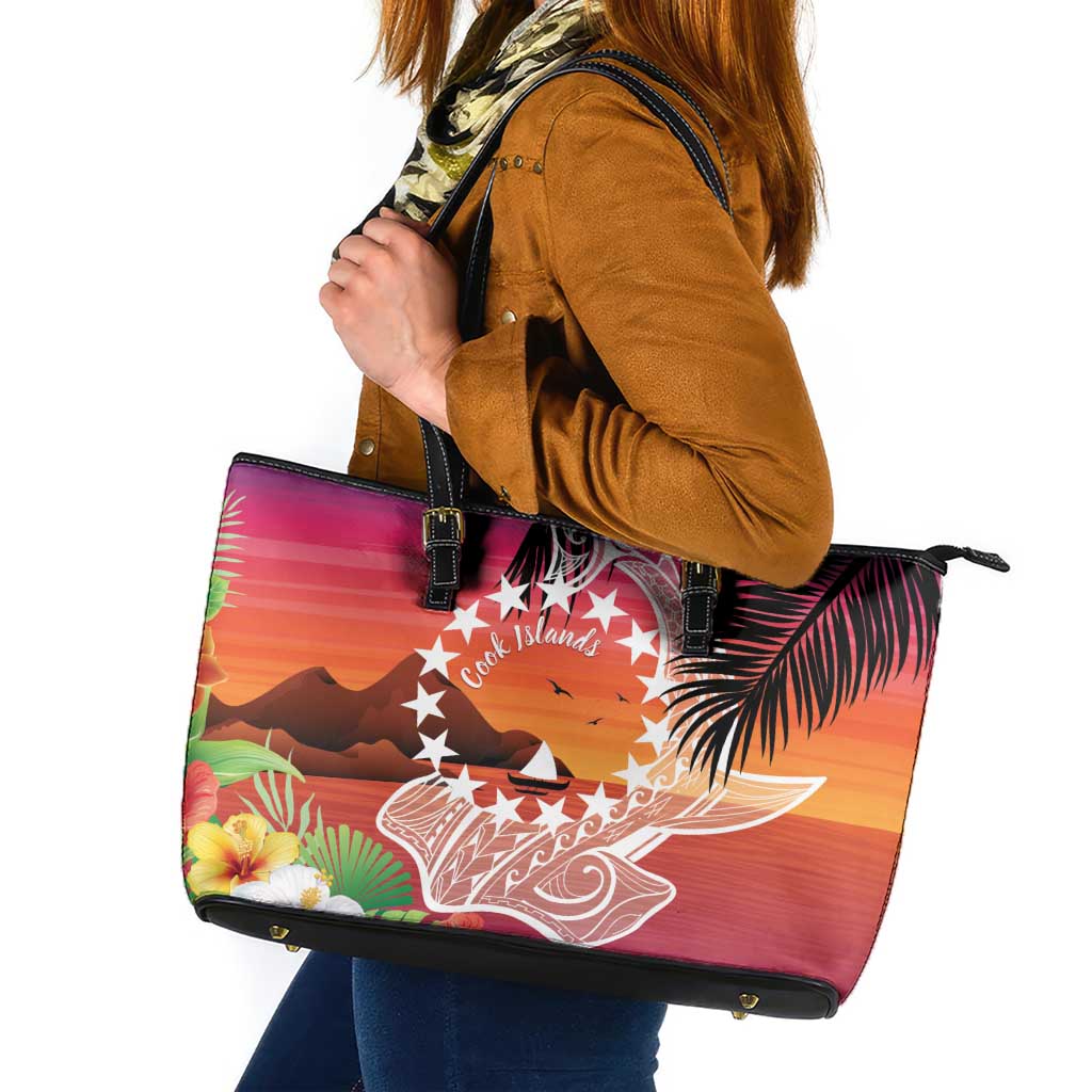 Kia Orana Cook Islands Leather Tote Bag Sunset Dream