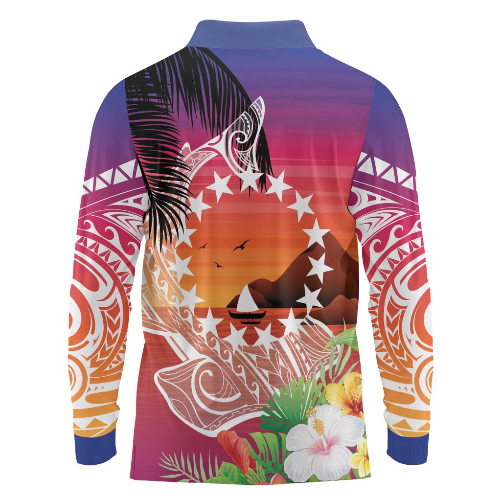 Kia Orana Cook Islands Long Sleeve Polo Shirt Sunset Dream