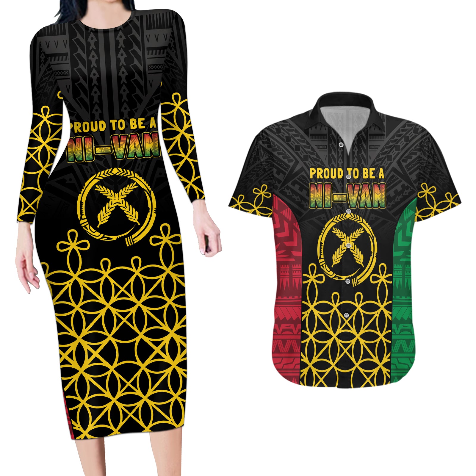 Vanuatu Indipendens Dei Couples Matching Long Sleeve Bodycon Dress and Hawaiian Shirt Tribal Sand Drawing LT7 Colorful - Polynesian Pride