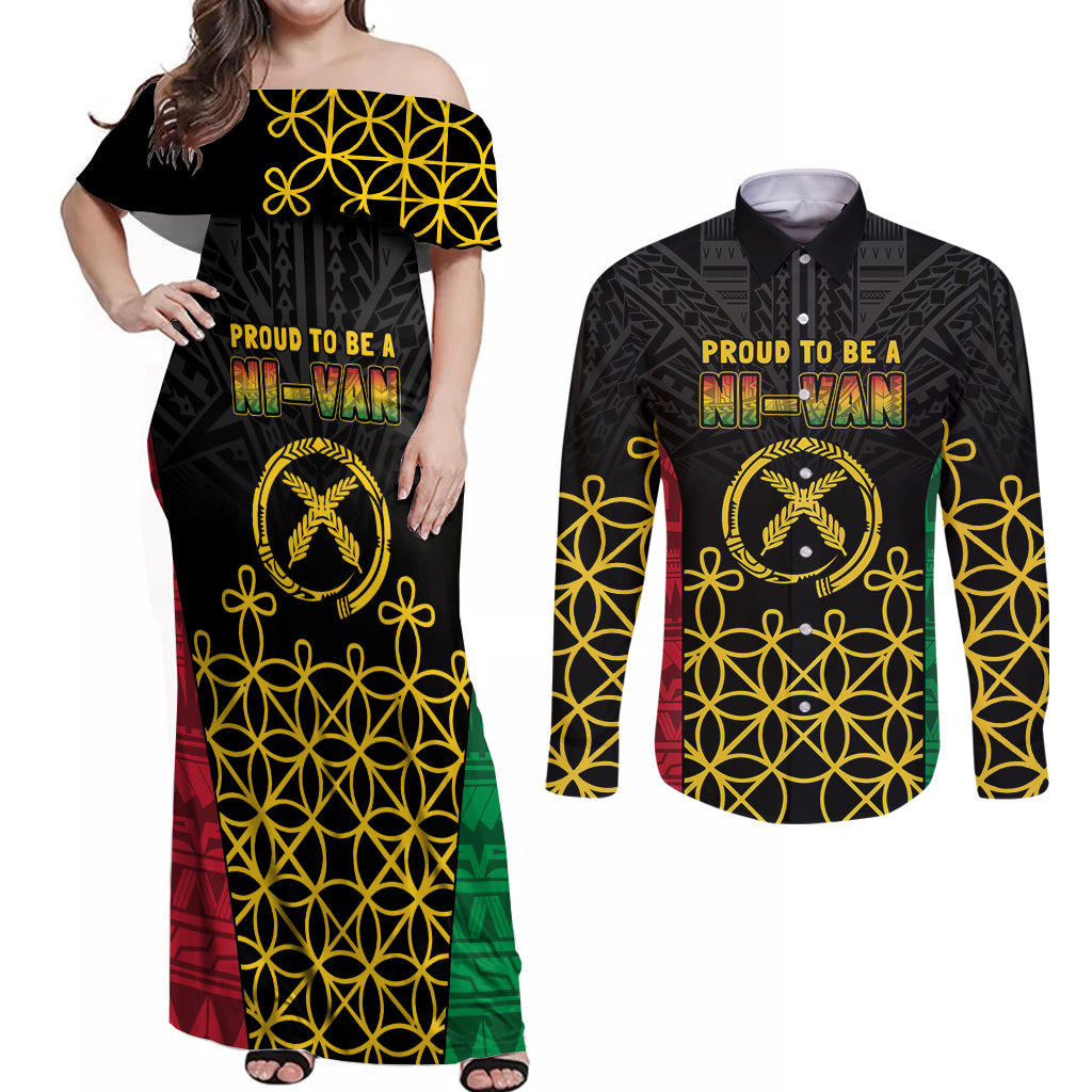 Vanuatu Indipendens Dei Couples Matching Off Shoulder Maxi Dress and Long Sleeve Button Shirt Tribal Sand Drawing LT7 Colorful - Polynesian Pride