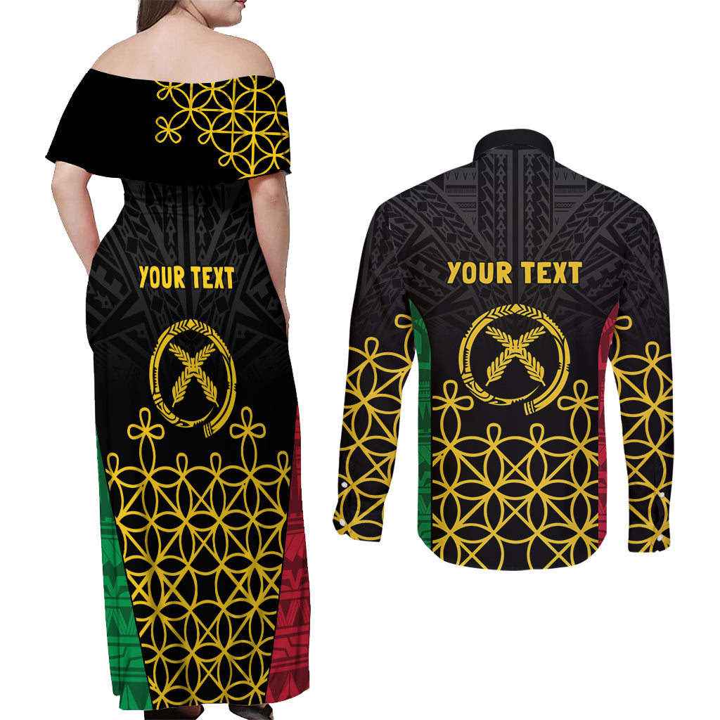 Vanuatu Indipendens Dei Couples Matching Off Shoulder Maxi Dress and Long Sleeve Button Shirt Tribal Sand Drawing LT7 - Polynesian Pride