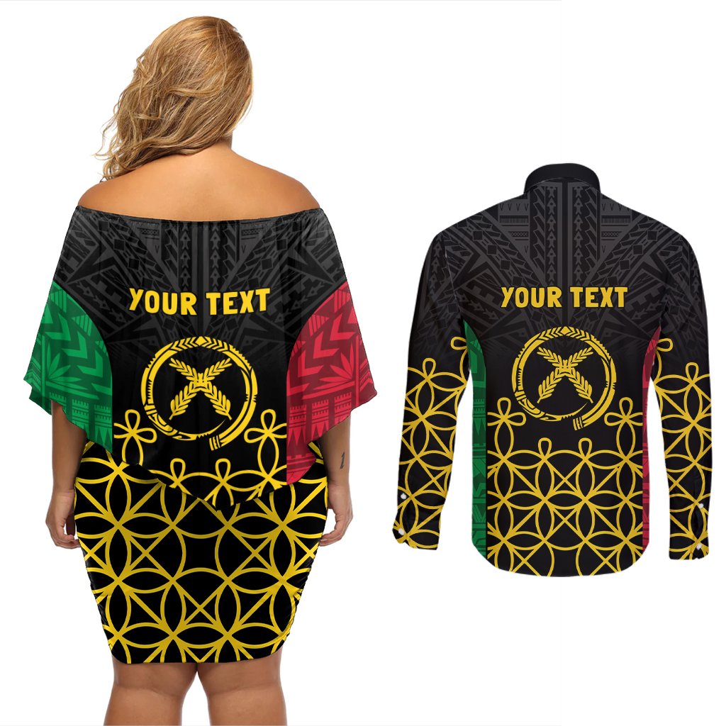 Vanuatu Indipendens Dei Couples Matching Off Shoulder Short Dress and Long Sleeve Button Shirt Tribal Sand Drawing