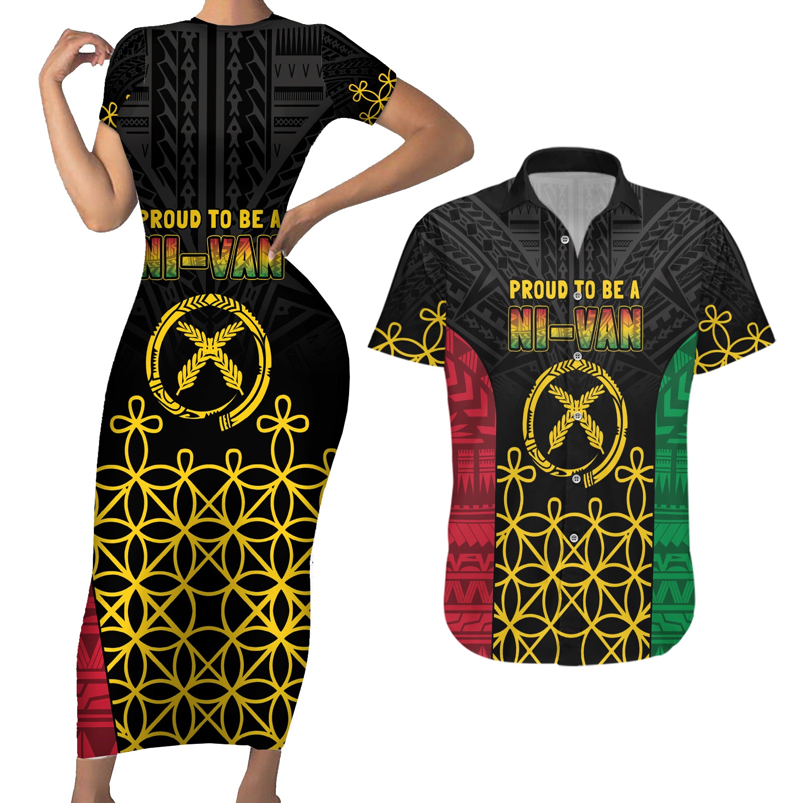 Vanuatu Indipendens Dei Couples Matching Short Sleeve Bodycon Dress and Hawaiian Shirt Tribal Sand Drawing