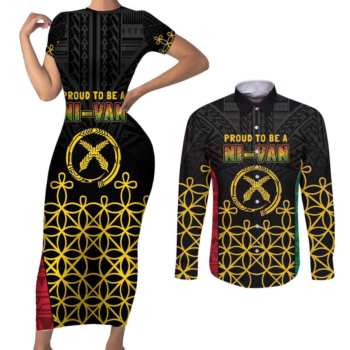 Vanuatu Indipendens Dei Couples Matching Short Sleeve Bodycon Dress and Long Sleeve Button Shirt Tribal Sand Drawing LT7 Colorful - Polynesian Pride