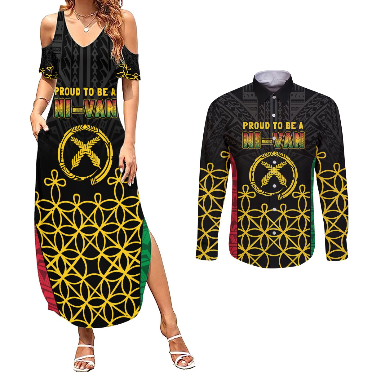 Vanuatu Indipendens Dei Couples Matching Summer Maxi Dress and Long Sleeve Button Shirt Tribal Sand Drawing LT7 Colorful - Polynesian Pride