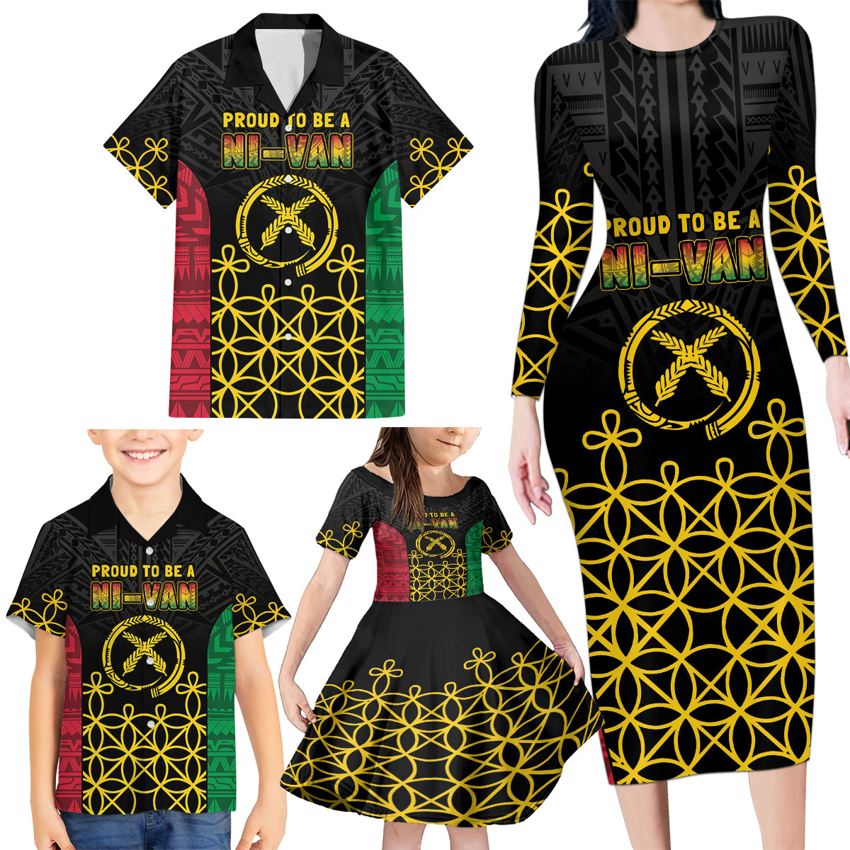 Vanuatu Indipendens Dei Family Matching Long Sleeve Bodycon Dress and Hawaiian Shirt Tribal Sand Drawing LT7 - Polynesian Pride