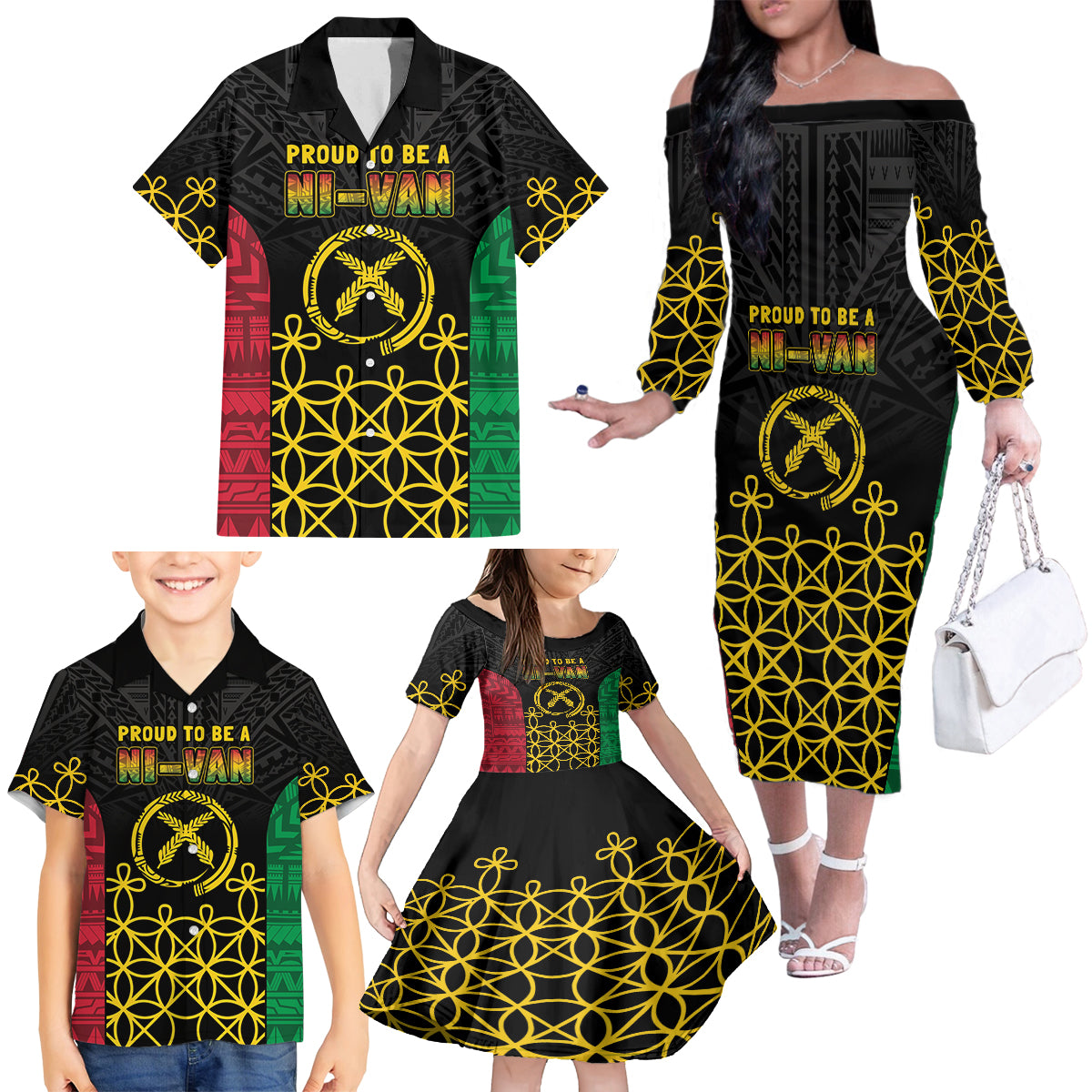 Vanuatu Indipendens Dei Family Matching Off The Shoulder Long Sleeve Dress and Hawaiian Shirt Tribal Sand Drawing