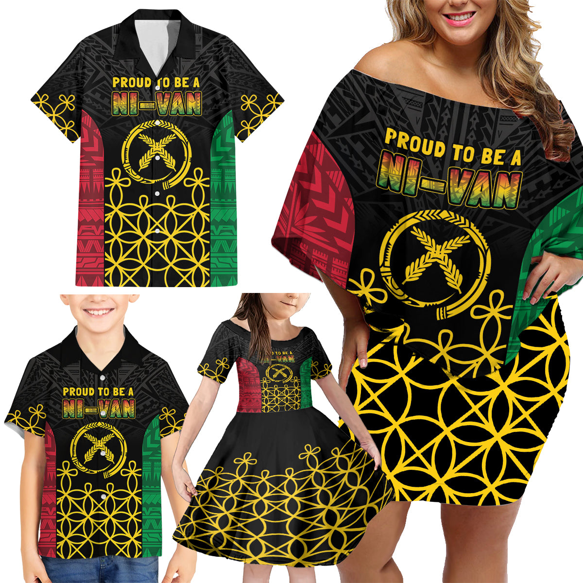 Vanuatu Indipendens Dei Family Matching Off Shoulder Short Dress and Hawaiian Shirt Tribal Sand Drawing LT7 - Polynesian Pride