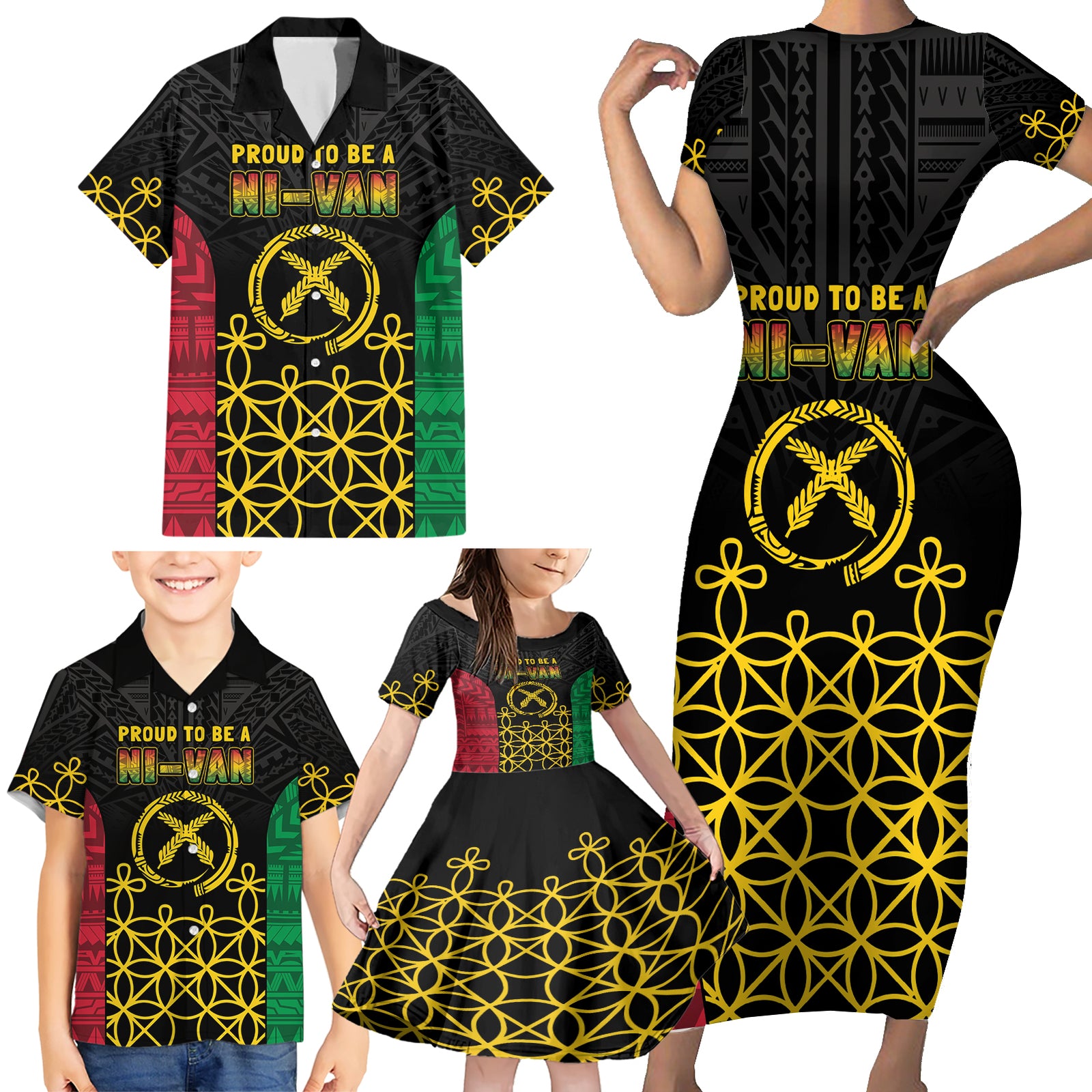 Vanuatu Indipendens Dei Family Matching Short Sleeve Bodycon Dress and Hawaiian Shirt Tribal Sand Drawing LT7 - Polynesian Pride