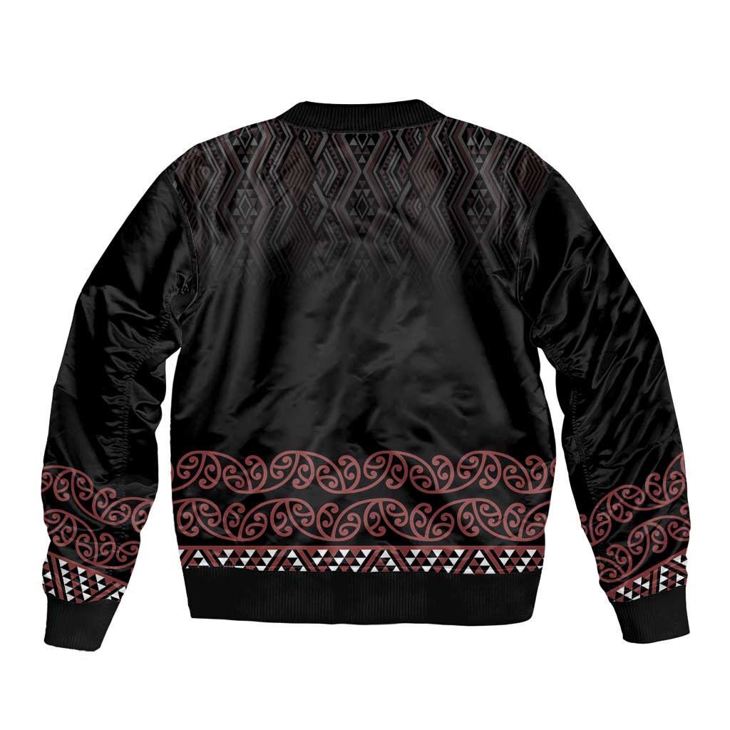 Maori Taniko Patterns Bomber Jacket Brown Niho Taniwha Mix Paatiki Motifs