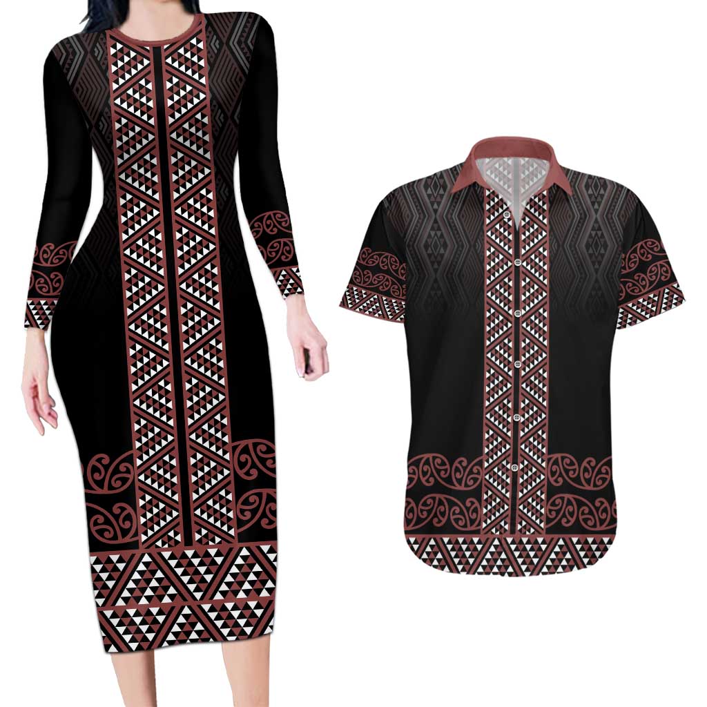 Maori Taniko Patterns Couples Matching Long Sleeve Bodycon Dress and Hawaiian Shirt Brown Niho Taniwha Mix Paatiki Motifs
