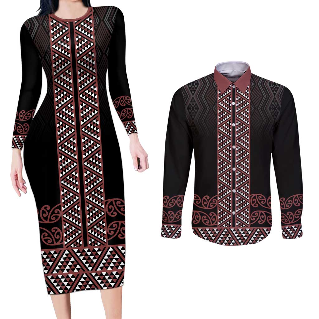 Maori Taniko Patterns Couples Matching Long Sleeve Bodycon Dress and Long Sleeve Button Shirt Brown Niho Taniwha Mix Paatiki Motifs