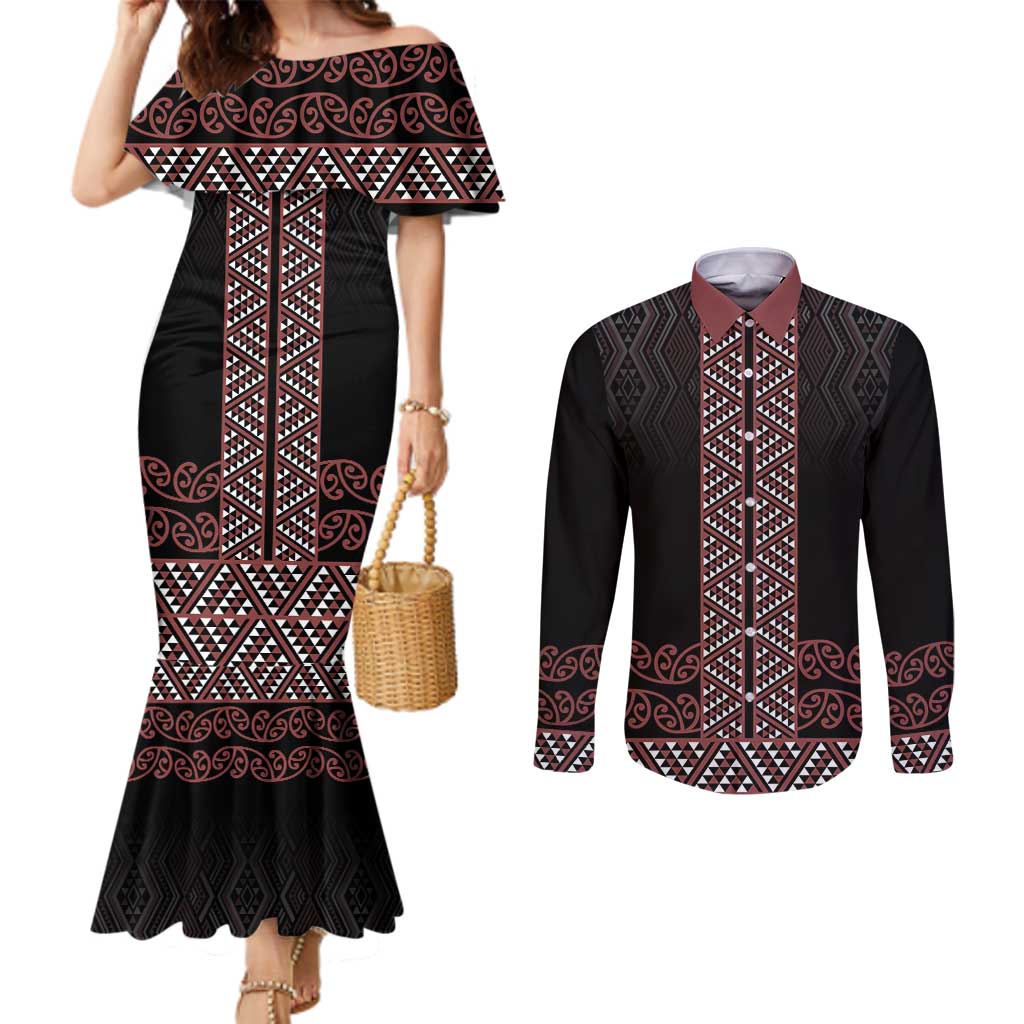 Maori Taniko Patterns Couples Matching Mermaid Dress and Long Sleeve Button Shirt Brown Niho Taniwha Mix Paatiki Motifs