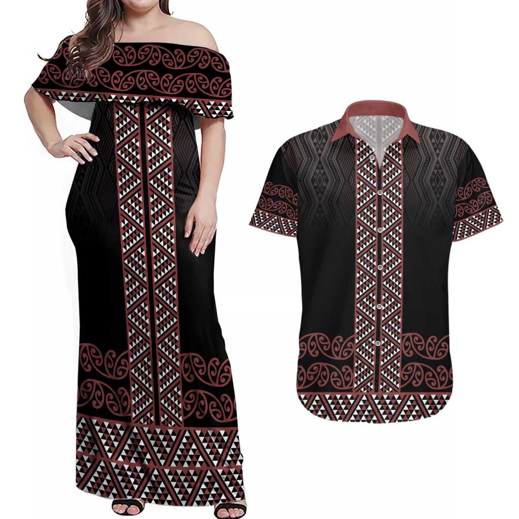 Maori Taniko Patterns Couples Matching Off Shoulder Maxi Dress and Hawaiian Shirt Brown Niho Taniwha Mix Paatiki Motifs