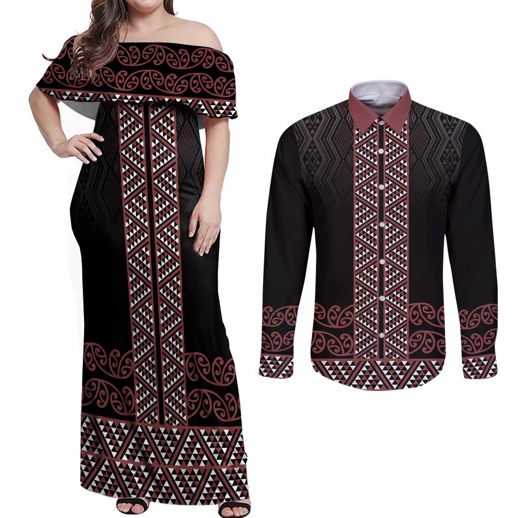 Maori Taniko Patterns Couples Matching Off Shoulder Maxi Dress and Long Sleeve Button Shirt Brown Niho Taniwha Mix Paatiki Motifs