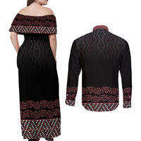 Maori Taniko Patterns Couples Matching Off Shoulder Maxi Dress and Long Sleeve Button Shirt Brown Niho Taniwha Mix Paatiki Motifs LT7 - Polynesian Pride