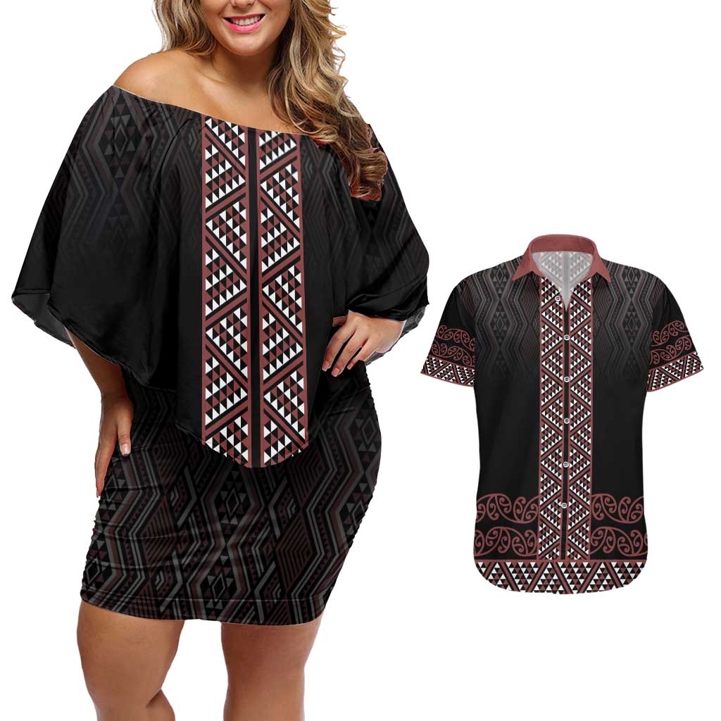 Maori Taniko Patterns Couples Matching Off Shoulder Short Dress and Hawaiian Shirt Brown Niho Taniwha Mix Paatiki Motifs