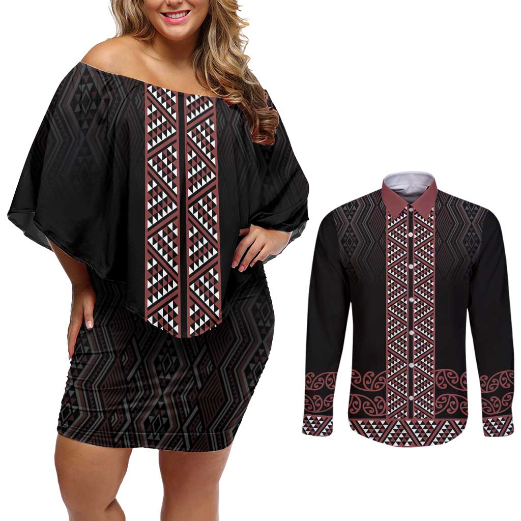 Maori Taniko Patterns Couples Matching Off Shoulder Short Dress and Long Sleeve Button Shirt Brown Niho Taniwha Mix Paatiki Motifs