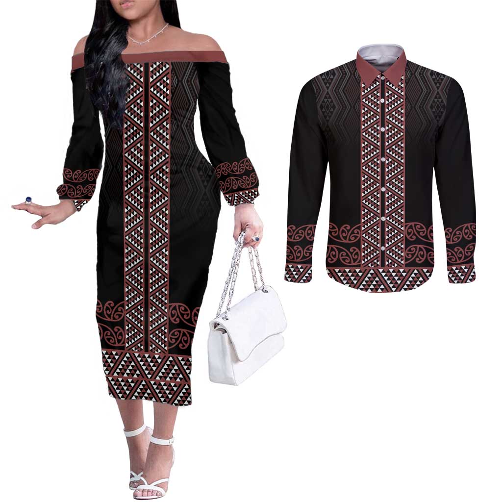 Maori Taniko Patterns Couples Matching Off The Shoulder Long Sleeve Dress and Long Sleeve Button Shirt Brown Niho Taniwha Mix Paatiki Motifs