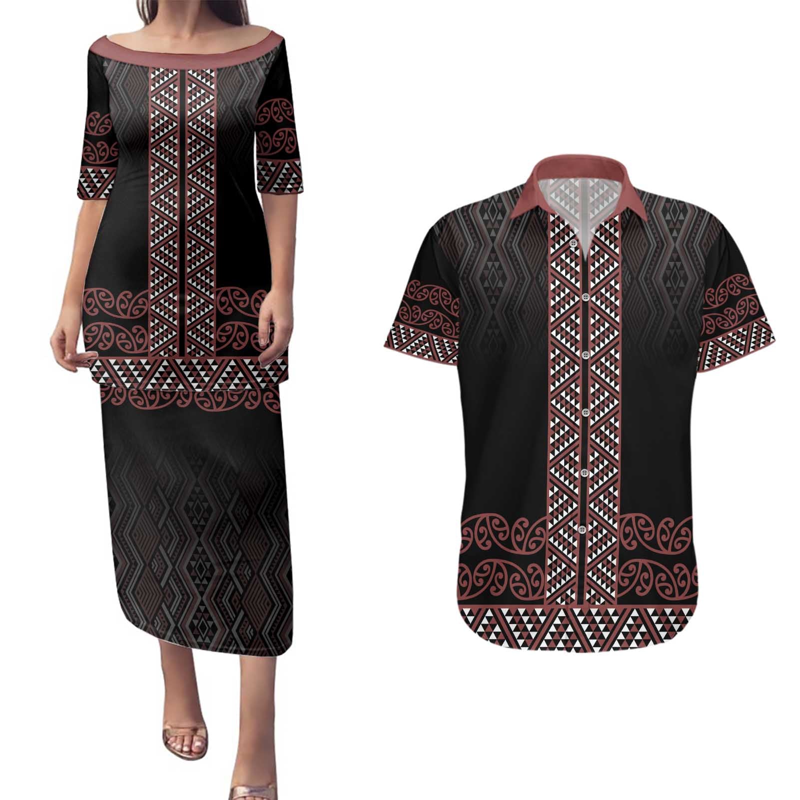 Maori Taniko Patterns Couples Matching Puletasi and Hawaiian Shirt Brown Niho Taniwha Mix Paatiki Motifs