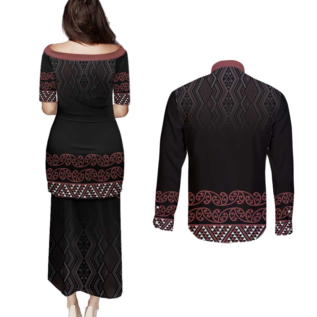 Maori Taniko Patterns Couples Matching Puletasi and Long Sleeve Button Shirt Brown Niho Taniwha Mix Paatiki Motifs LT7 - Polynesian Pride