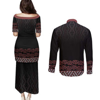 Maori Taniko Patterns Couples Matching Puletasi and Long Sleeve Button Shirt Brown Niho Taniwha Mix Paatiki Motifs LT7 - Polynesian Pride