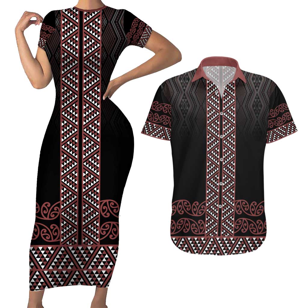 Maori Taniko Patterns Couples Matching Short Sleeve Bodycon Dress and Hawaiian Shirt Brown Niho Taniwha Mix Paatiki Motifs