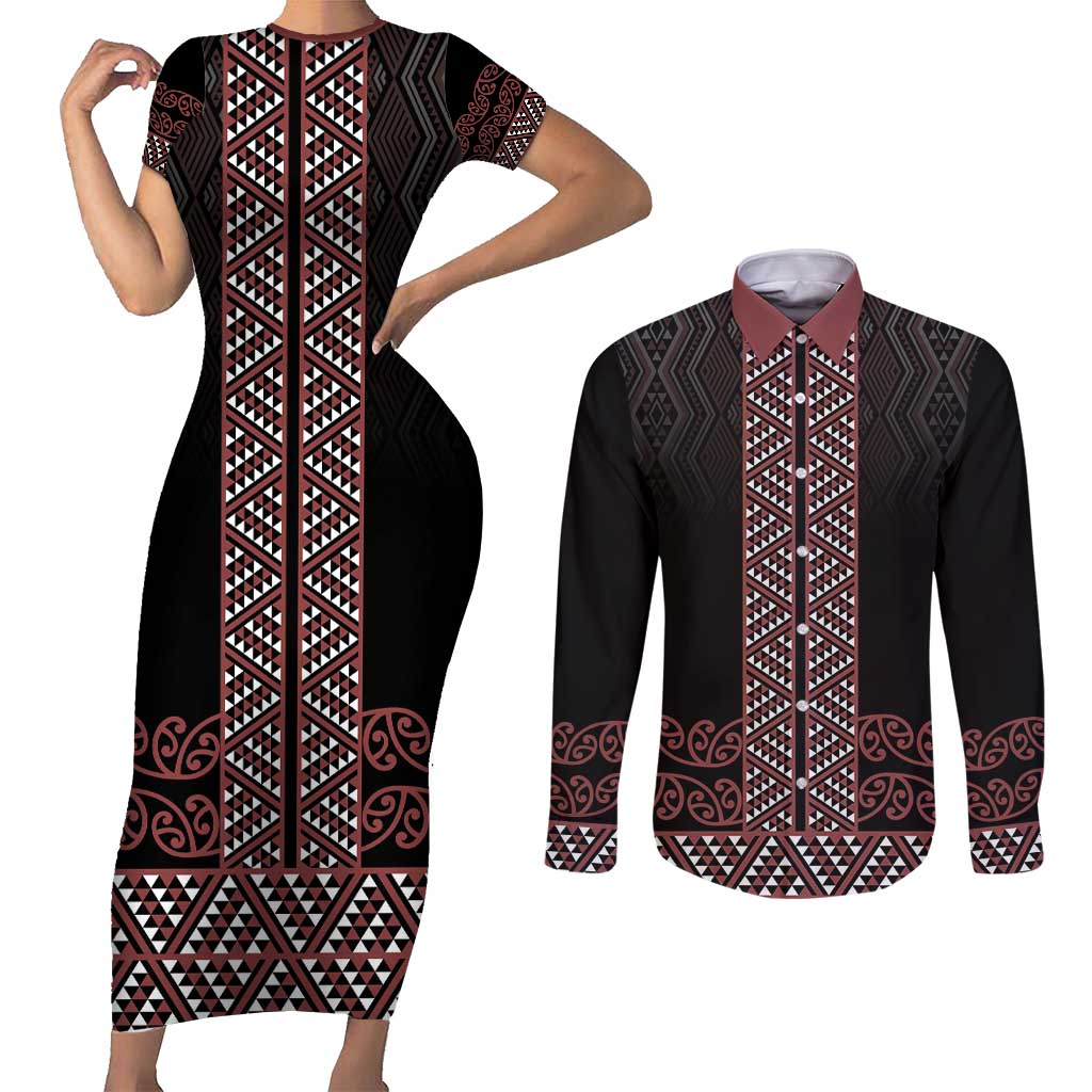Maori Taniko Patterns Couples Matching Short Sleeve Bodycon Dress and Long Sleeve Button Shirt Brown Niho Taniwha Mix Paatiki Motifs