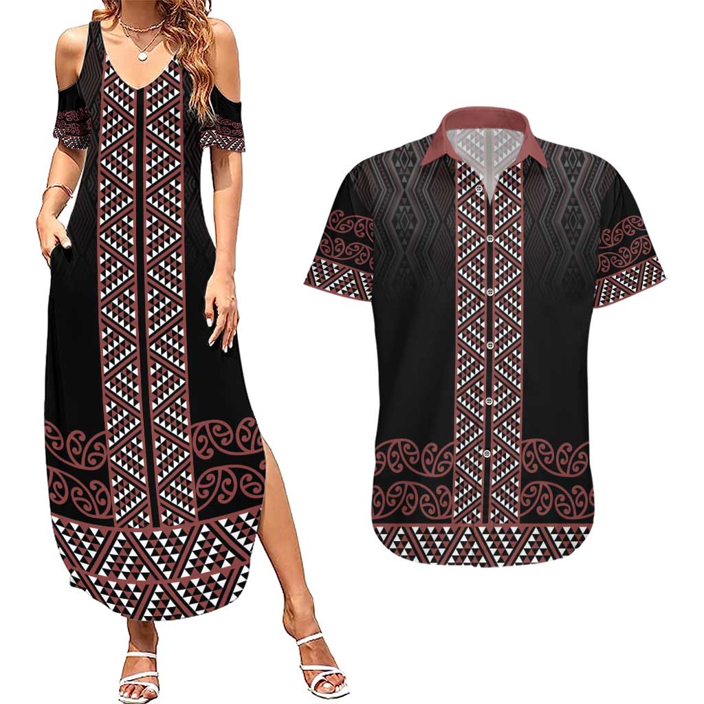 Maori Taniko Patterns Couples Matching Summer Maxi Dress and Hawaiian Shirt Brown Niho Taniwha Mix Paatiki Motifs
