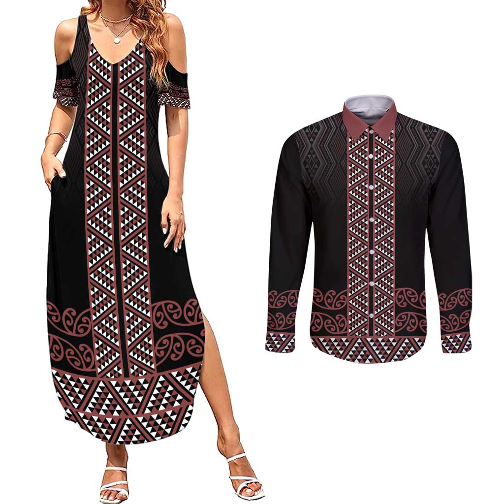 Maori Taniko Patterns Couples Matching Summer Maxi Dress and Long Sleeve Button Shirt Brown Niho Taniwha Mix Paatiki Motifs