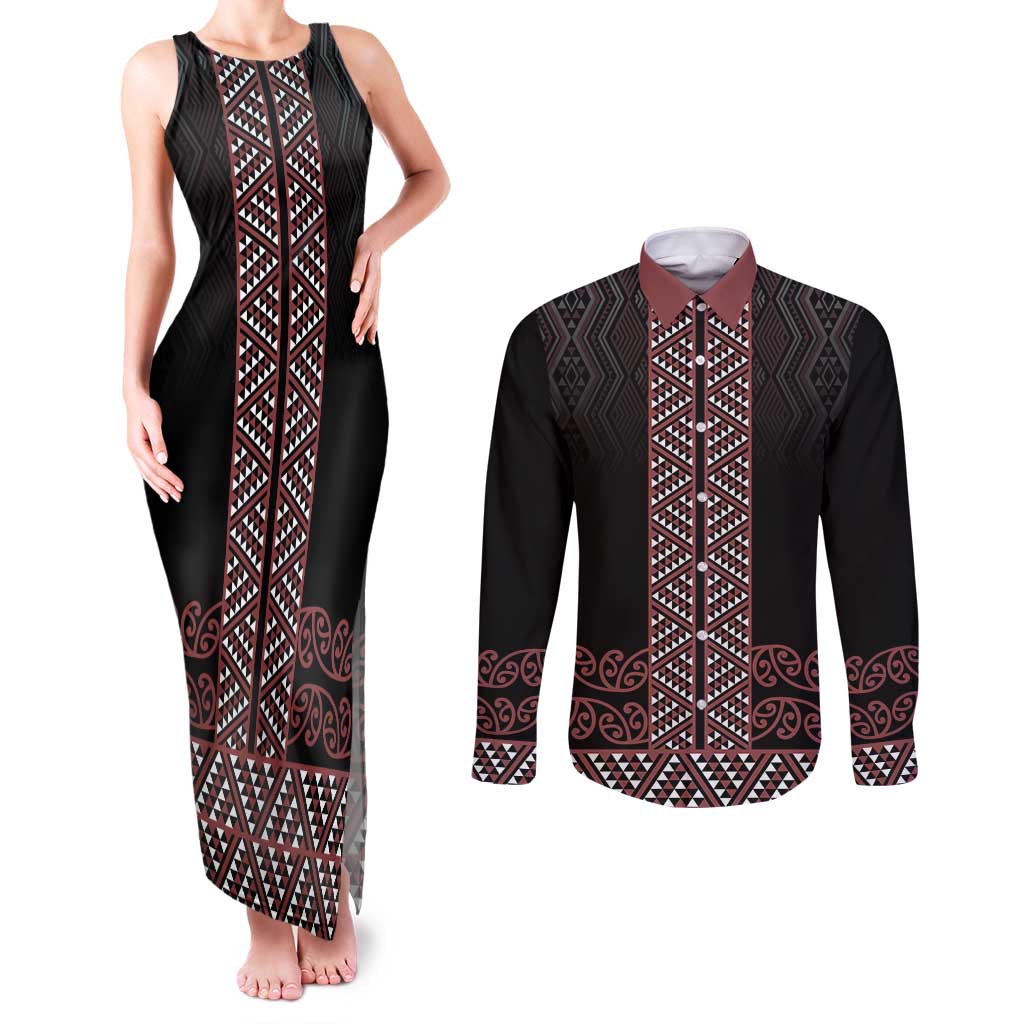 Maori Taniko Patterns Couples Matching Tank Maxi Dress and Long Sleeve Button Shirt Brown Niho Taniwha Mix Paatiki Motifs