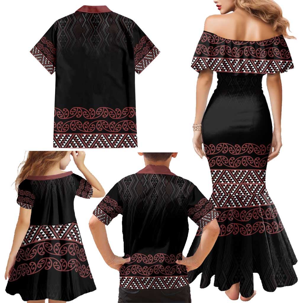 Maori Taniko Patterns Family Matching Mermaid Dress and Hawaiian Shirt Brown Niho Taniwha Mix Paatiki Motifs