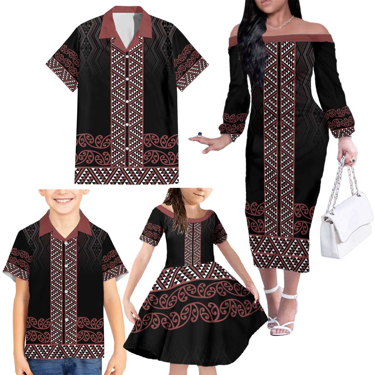 Maori Taniko Patterns Family Matching Off The Shoulder Long Sleeve Dress and Hawaiian Shirt Brown Niho Taniwha Mix Paatiki Motifs LT7 - Polynesian Pride