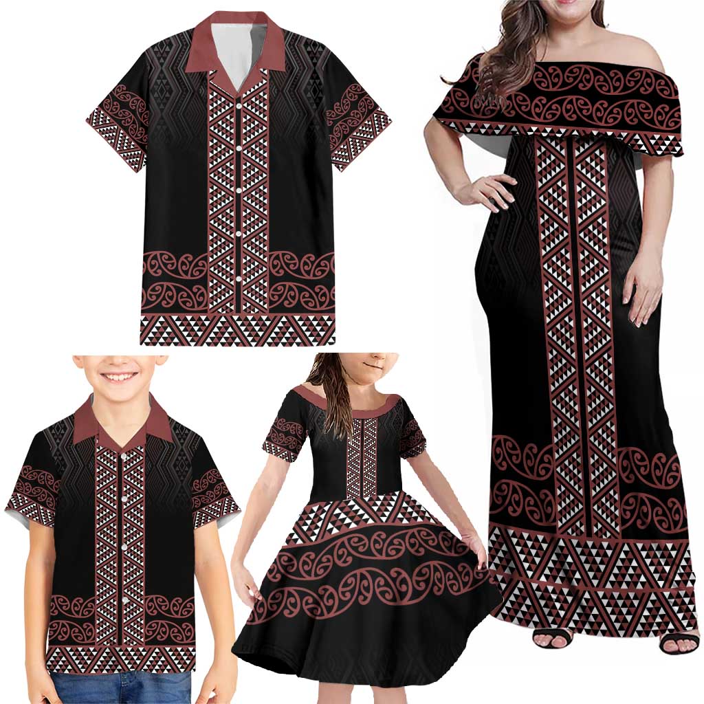 Maori Taniko Patterns Family Matching Off Shoulder Maxi Dress and Hawaiian Shirt Brown Niho Taniwha Mix Paatiki Motifs LT7 - Polynesian Pride