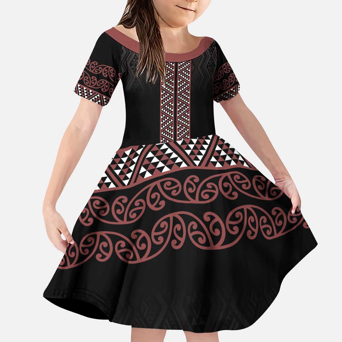 Maori Taniko Patterns Kid Short Sleeve Dress Brown Niho Taniwha Mix Paatiki Motifs LT7 KID Brown - Polynesian Pride