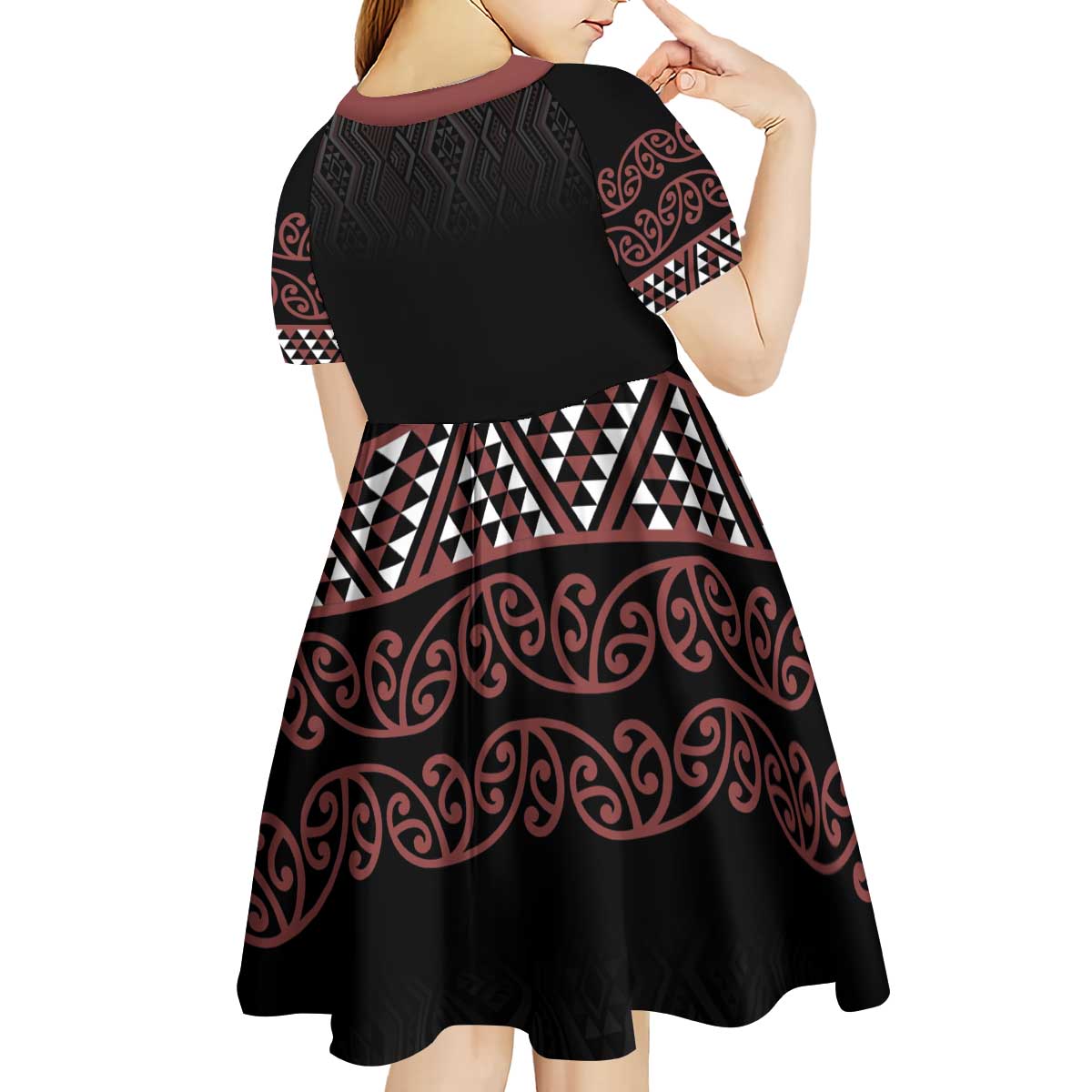 Maori Taniko Patterns Kid Short Sleeve Dress Brown Niho Taniwha Mix Paatiki Motifs LT7 - Polynesian Pride