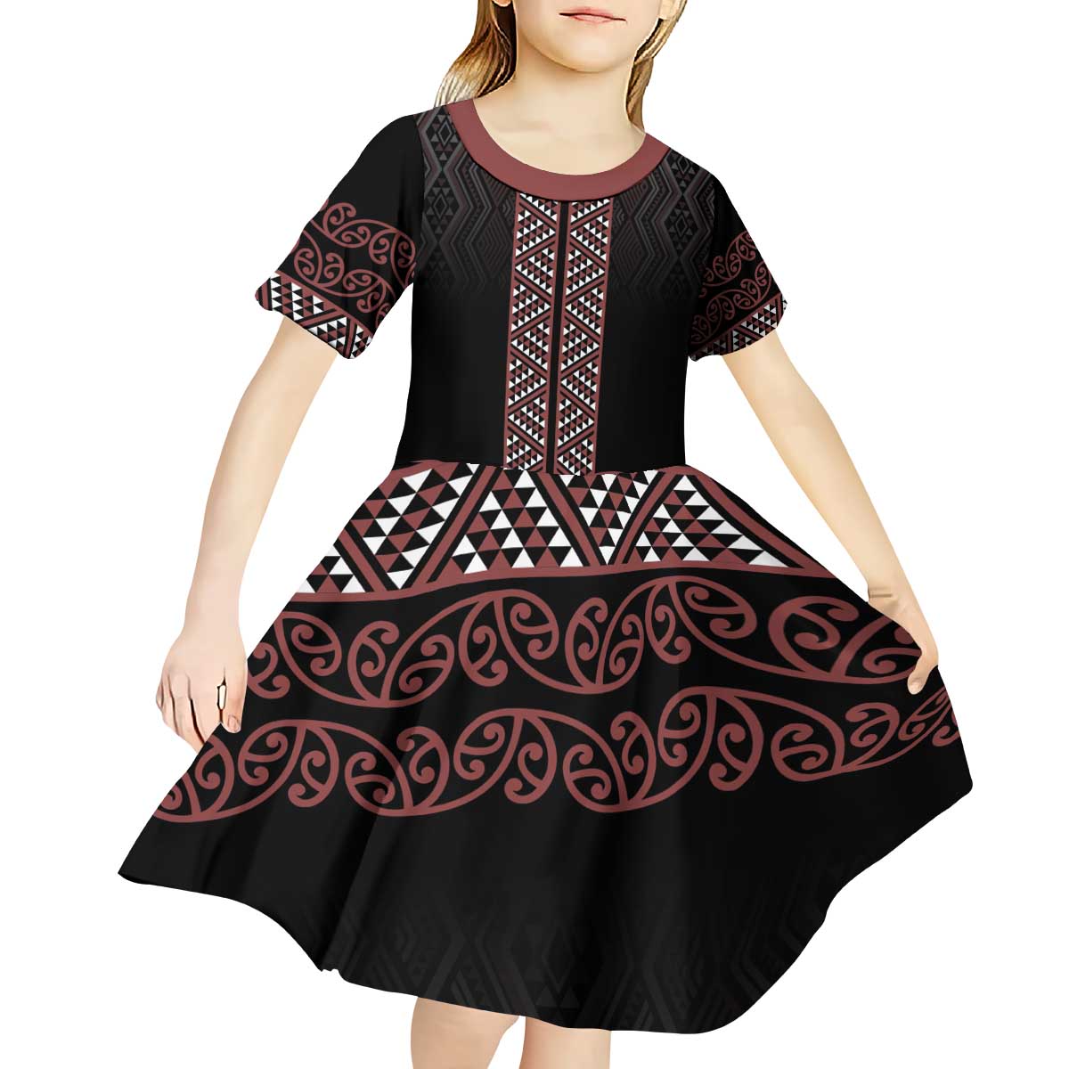 Maori Taniko Patterns Kid Short Sleeve Dress Brown Niho Taniwha Mix Paatiki Motifs LT7 - Polynesian Pride