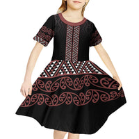 Maori Taniko Patterns Kid Short Sleeve Dress Brown Niho Taniwha Mix Paatiki Motifs LT7 - Polynesian Pride