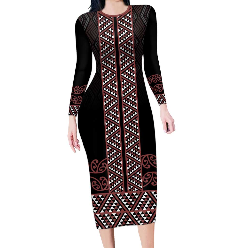 Maori Taniko Patterns Long Sleeve Bodycon Dress Brown Niho Taniwha Mix Paatiki Motifs