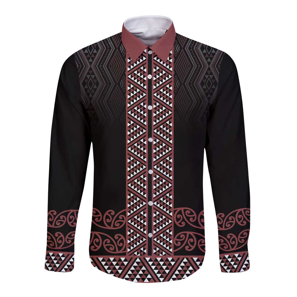 Maori Taniko Patterns Long Sleeve Button Shirt Brown Niho Taniwha Mix Paatiki Motifs LT7 Unisex Brown - Polynesian Pride