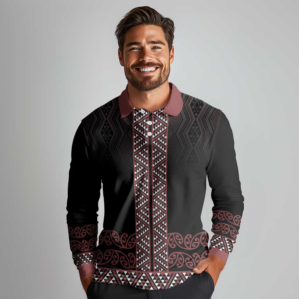 Maori Taniko Patterns Long Sleeve Polo Shirt Brown Niho Taniwha Mix Paatiki Motifs