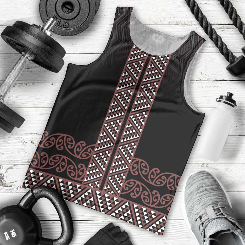 Maori Taniko Patterns Men Tank Top Brown Niho Taniwha Mix Paatiki Motifs LT7 - Polynesian Pride