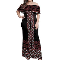 Maori Taniko Patterns Off Shoulder Maxi Dress Brown Niho Taniwha Mix Paatiki Motifs
