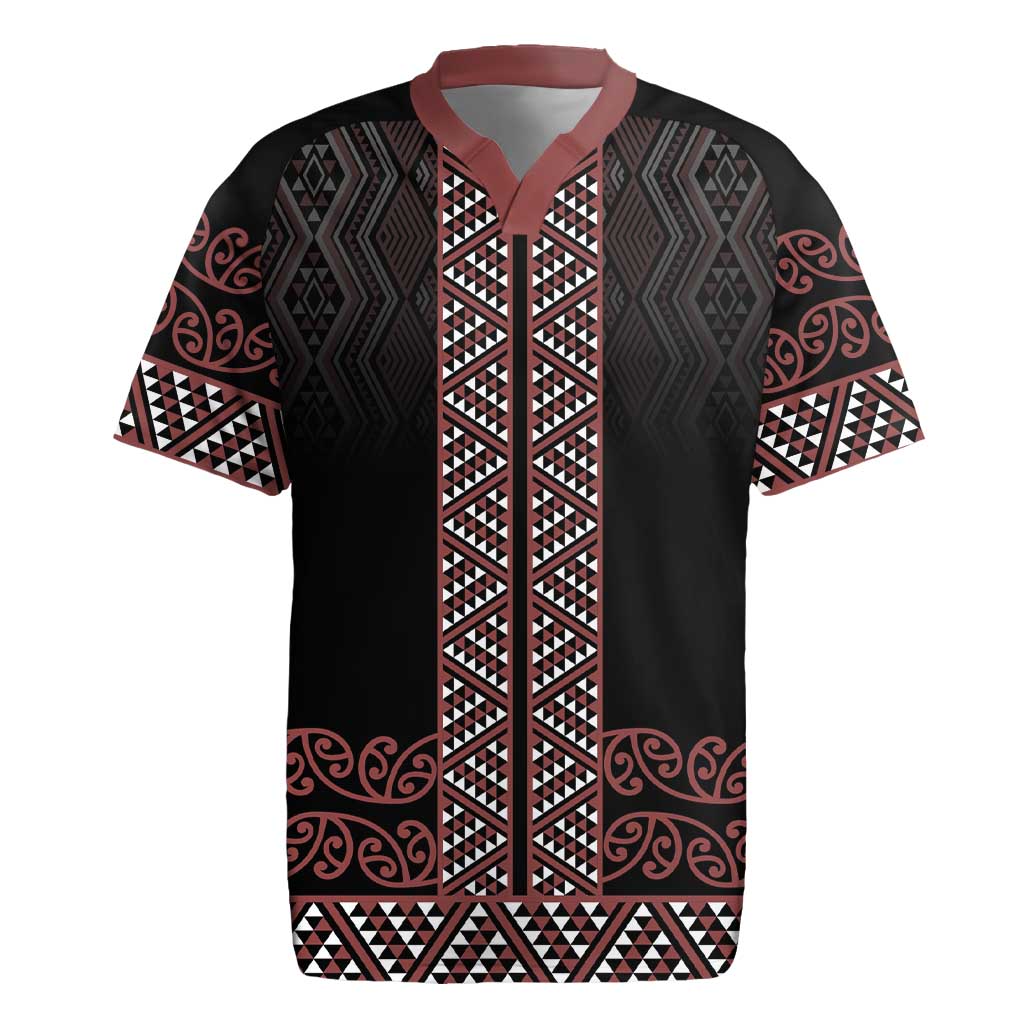 Maori Taniko Patterns Rugby Jersey Brown Niho Taniwha Mix Paatiki Motifs